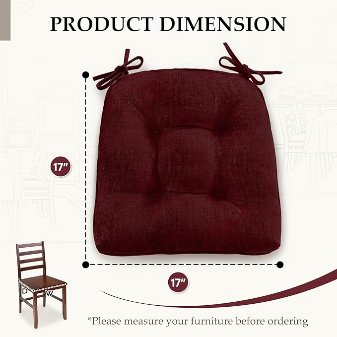HARBOREST Chair Cushions for Dining Chairs Set of 6 - Chenille Tufted Kitchen Chair Cushions with Ties and Non-Slip Bottom, Foam Chair Pads for Dining Chairs, 17" x 17", Burgundy