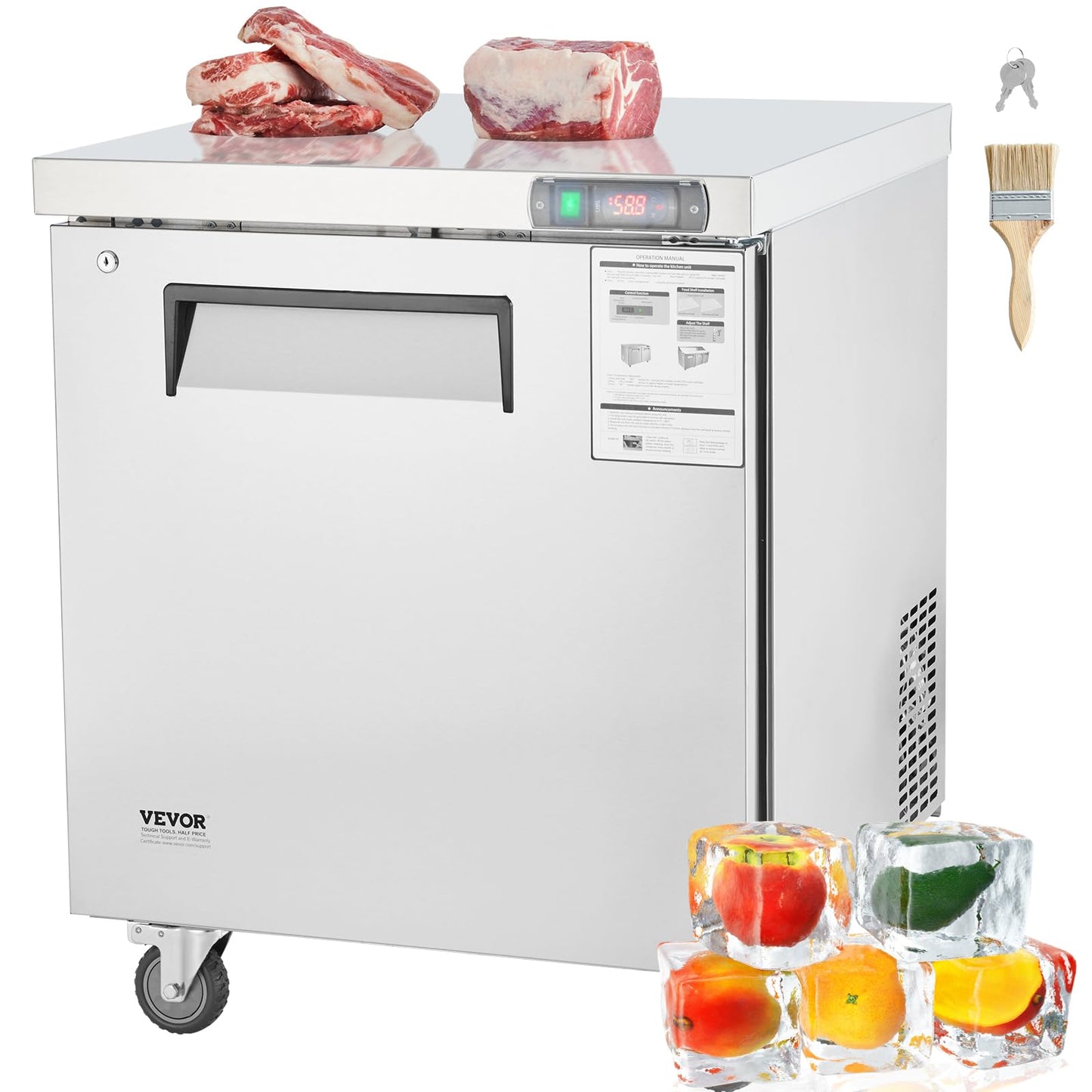 Vevor 28 W Commercial Freezer Worktop, 7.4 Cu. Ft Undercounter Freezers With/Casters, Defrost Frozen Prep Table, Single Door Sta