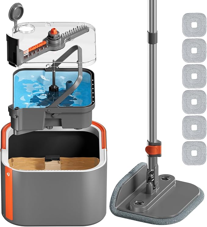 Upgraded Self-Standing Spin Mop and Bucket System, Detachable Inner Mop Bucket Separates Dirty Water & 90° Foldable Head, Triple-Scrub System, 0.9Gal Dual Drainage, for Hardwood Floors (Gray 6 Pads)