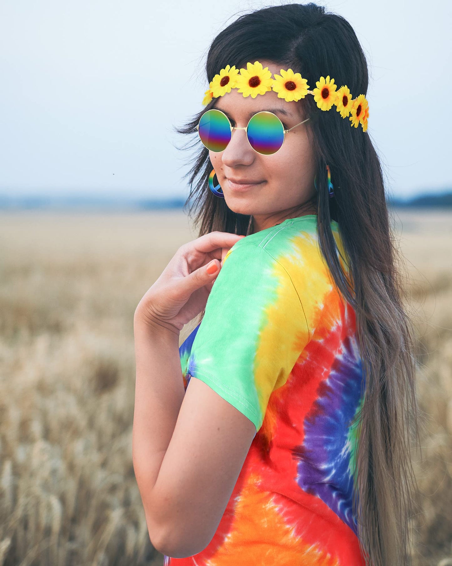 Vabean Halloween Carnival Party Hippie Costume Set Tie Dye Shirt Rainbow Peace Sign Necklace Earring Headband for Halloween
