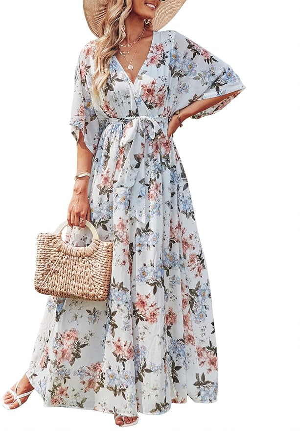 ANRABESS Womens 1/2 Sleeve Beach Wedding Guest Maxi Dresses 2025 Fall Wrap V Neck Boho Floral Flowy Slit Long Summer Dresses