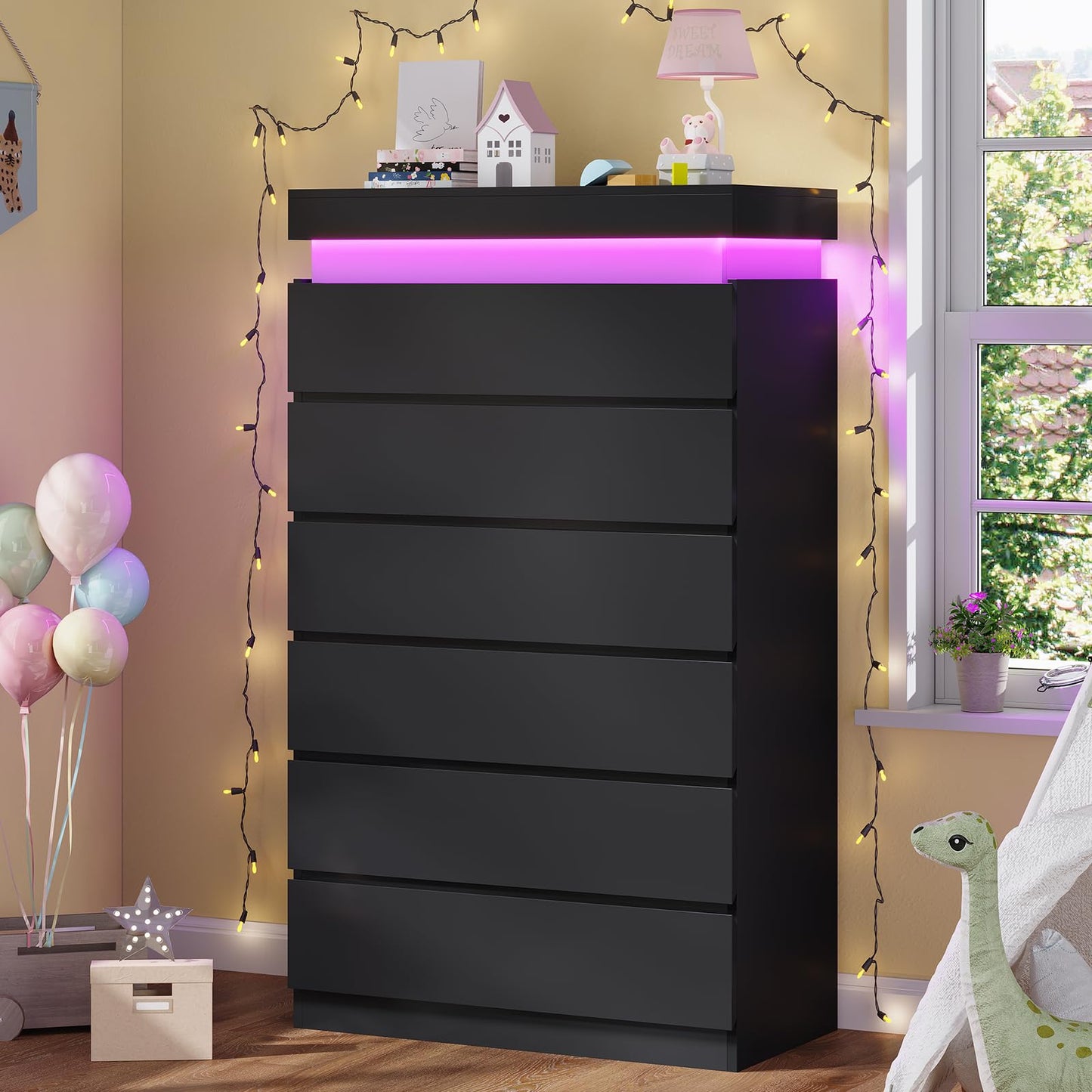 HAUOMS Tall 6 Drawer Dresser with LED Light, Black Modern Chest of Drawers for Bedroom,Closet Dressers with Drawers for Living Room, Entryway, Hallway