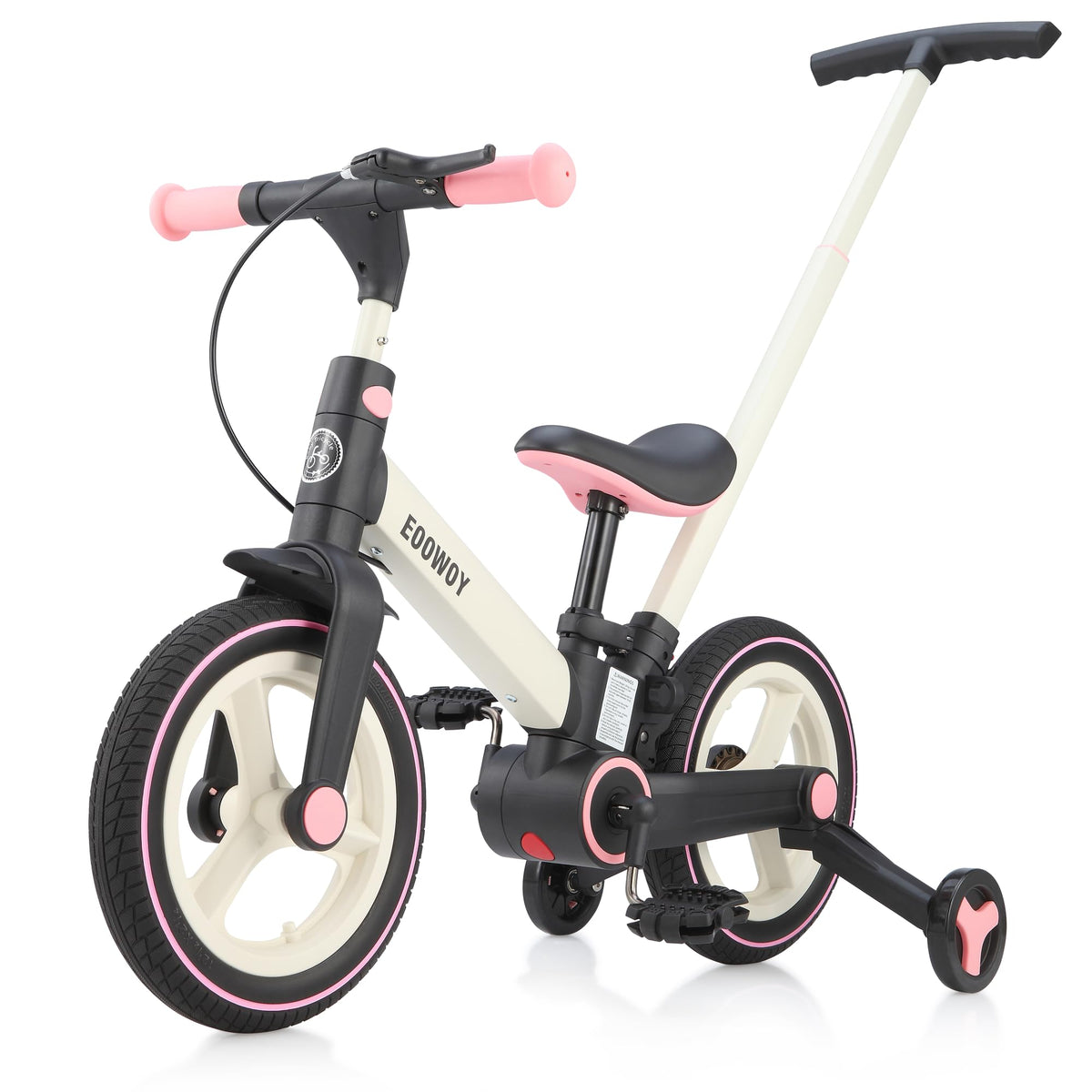EOOWOY Balance Bike with Push Handle for Kids 18-60 Months, 6 in 1 Foldable Push Bike with Training Wheels & Pedals, Balance Bicycle for Boys and Girls with Brakes & Kickstand, Pink