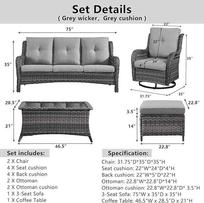 Belord Wicker Outdoor Furniture Patio Furniture Set - 6 Piece Patio Conversation Set with Swivel Rocker Chairs, Rattan Sofa, Ottomans and Coffee Table, Gray Cushion