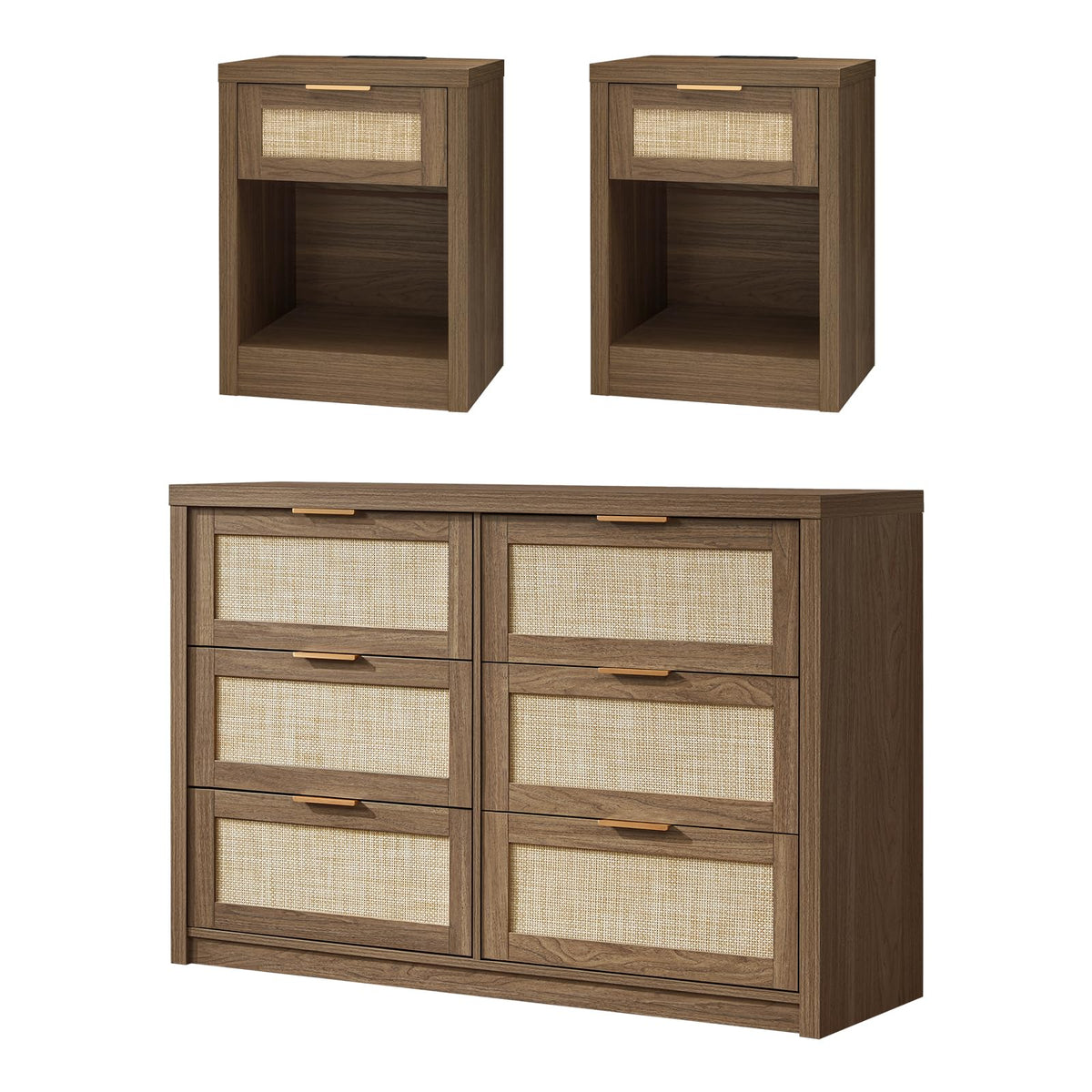 OAKHAM HOME Bedroom Dresser and Nightstand 3 Piece Set, Rattan 1 X 6 Drawer Dresser Boho Chest of Drawers, Night Stand Set of 2 with Type-C Charging Station