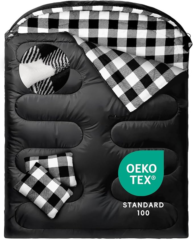 MEREZA Flannel Double Sleeping Bag for Adults Cold Weather, XL Queen Size Sleeping Bag for All Season 2 Person Big and Tal...