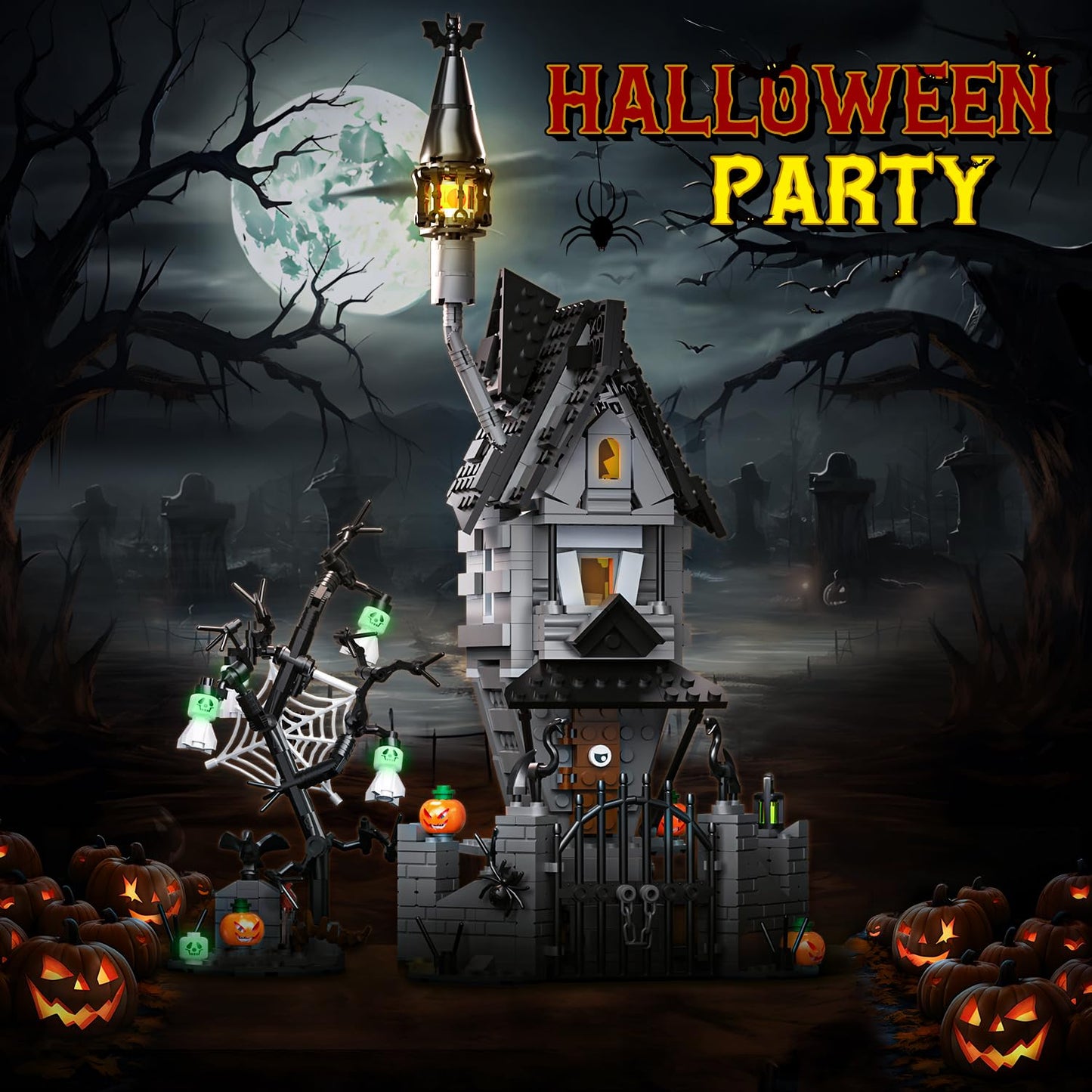 itshWOee Halloween Haunted House Building Set, Before Christmas Haunted Mansion with Light, Luminous Ghost Pumpkin Bat Withered Tree Spider Decor, Halloween for Fans, Adults Kids