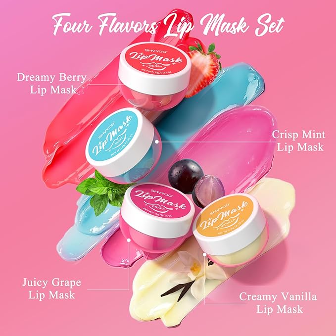 4 Pack Lip Mask Set, Lip Sleeping Mask Hydrating Repair for Chapped, Dry Lips - Berry, Grape, Mint, Vanilla Flavors, Overnight Lip Mask with Vitamin C & Shea Butter