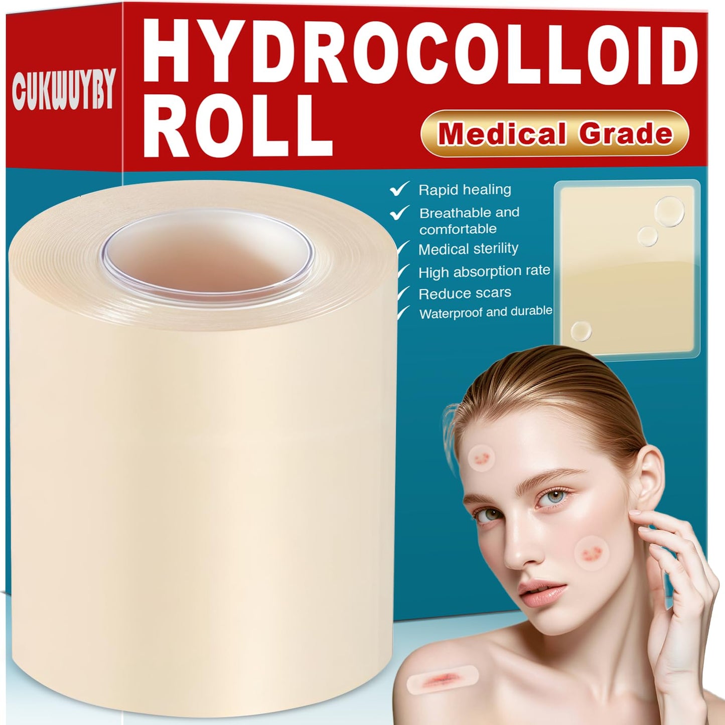 WUYUAN Hydrocolloid Roll for Wound Care, Hydrocolloid Bandages with Self-Adhesive, Extra Large Hydrocolloid Patch Bandages Cut-to-Size, Ultra Absorbent, Waterproof First Aid Kit Essential, 2in*6.6ft