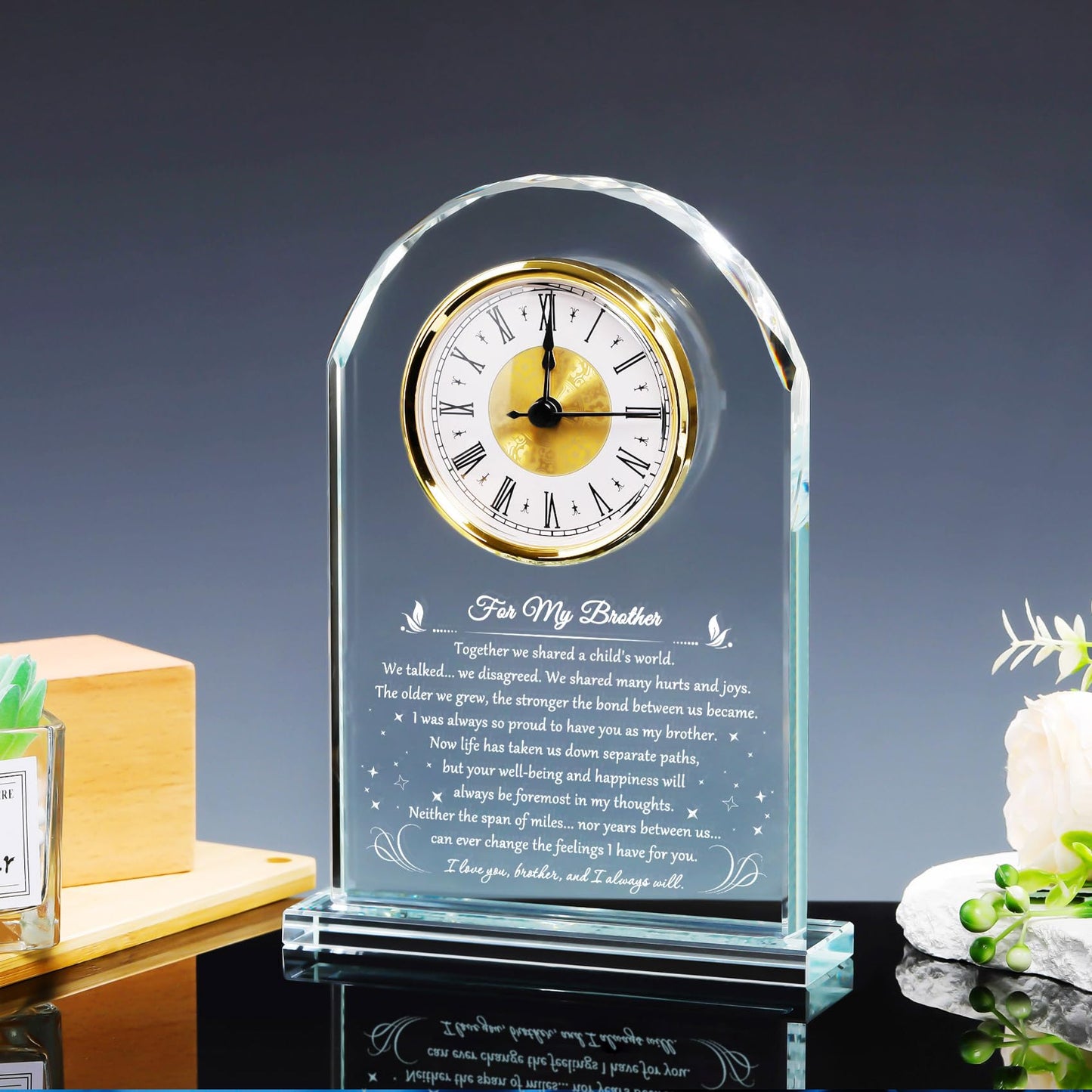 YWHL Meaningful Birthday Gifts for Adult Brother from Sister, Father's Day Brother Gifts Idea, Glass Clock Keepsake for Christmas Graduation (Battery not Included)