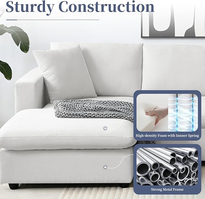 KIVENJAJA White Cloud Couch for Living Room Apartment Small Spaces, Linen L Shaped Modular Sectional Sofa with Convertible Ottoman Chaise, Modern Minimalist, Metal Frame, 100.4" W 3 Seater
