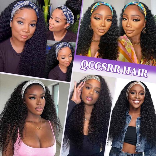 QCCSRR Headband Wig Human Hair Deep Wave 22 Inch Curly Headband Wigs for Black Women Glueless No Lace Half Wig Brazilian Virgin Hair Deep Curly Natural color
