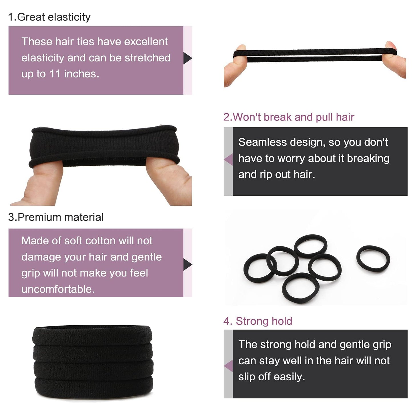100PCS Black Hair Ties for Women, No Crease No Damage, Seamless Cotton Bands for Thick Thin Hair, Soft Ponytail Holders, Accesso