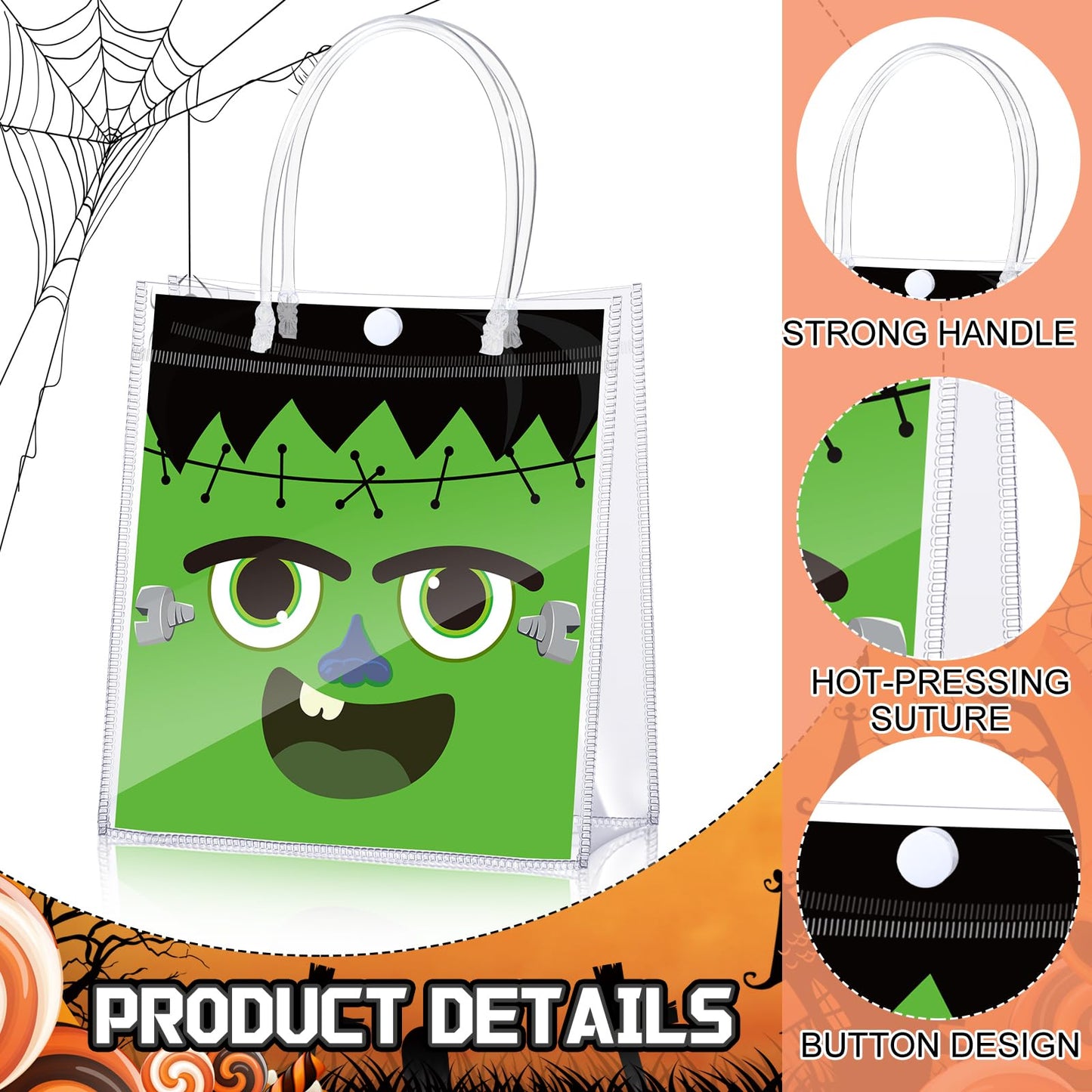 Bulyoou 24 Pcs Halloween Clear PVC Gift Bags with Handle Reusable Grimace Pumpkin Party Favor Bags Pink Treat Tote Bag for Halloween Trick or Treat Supplies