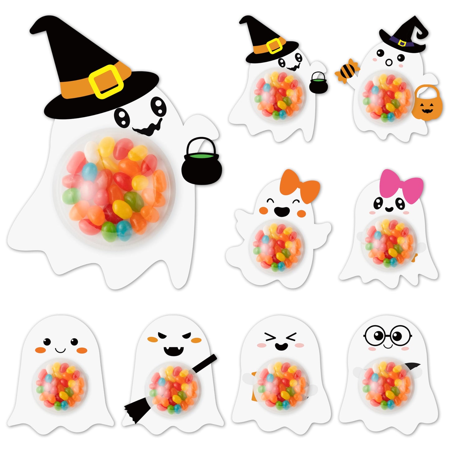 TICIAGA 48set Halloween Ghost Candy Holder Craft Kits for Kids DIY Halloween Ghost Candy Card Gifts Trick or Treat Gifts Happy Halloween Gifts with Round Adhesive Shaker Pouches for School Classroom
