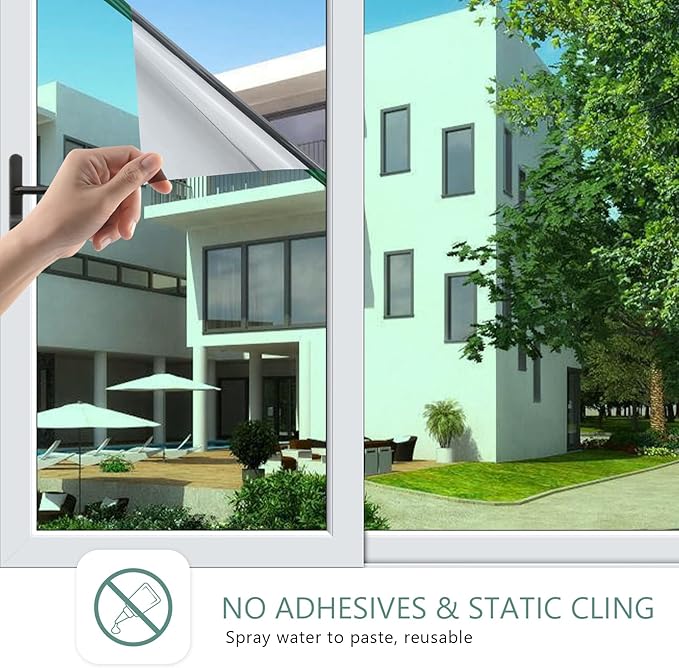 Filmgoo Window Privacy Film One Way Daytime Mirror Tint Treatments UV Heat Control Vinyl Stickers Sun Block Glass Paper Door Covering Reflective,Green Silver,35.4 Inch x 6.5 Feet