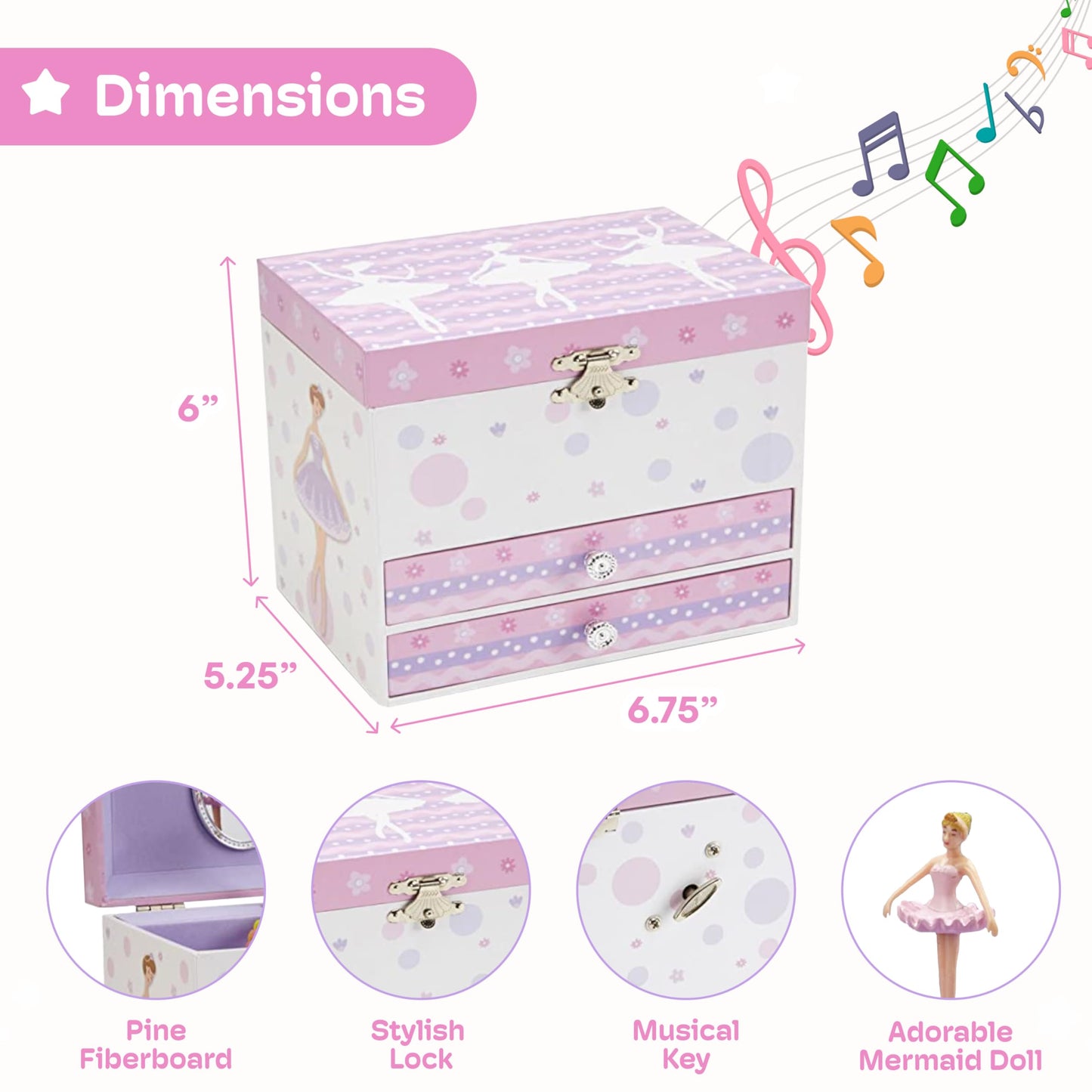Jewelkeeper Jewelry Box for Girls with Ballerina and Music Box - Dual Drawers and Spacious Storage - Swan Lake Tune - White and Purple Jewelry Keepsake Chest - 6 x 6.75 x 5.25 Inches