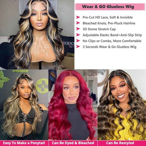 Highlight Glueless Wigs Human Hair Pre Plucked Pre Cut 5x5 HD Lace Closure Wigs Honey Blonde Body Wave Lace Front Wigs Human Hair Wear and Go for Women 180% Density 24Inch
