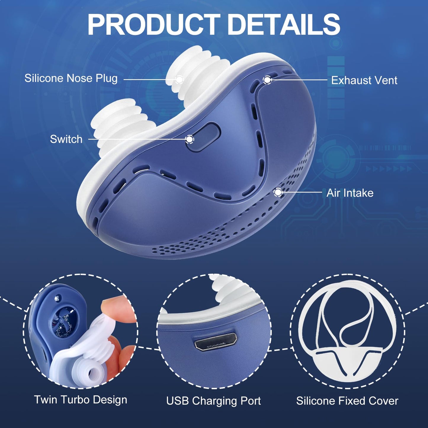 Anti Snore Device,Electric Snoring Solution,Mini Portable Stop Snoring Devices Stopper,Adjustable Wind Speed Snoring Prevention Nasal Dilators for Men & Women Travel,Blue