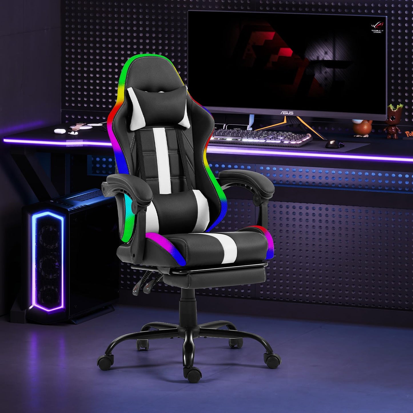ECOTOUGE Massage Gaming Chair, Video Game Chair with LED Lights, Ergonomic Computer Chair with Footrest and Lumbar Support, Height Adjustable High Back Office Desk Chair, White