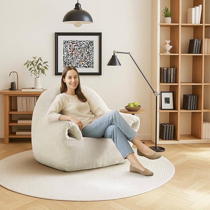 Peace nest Bean Bag Chair with Memory Foam Filled Ultra Soft Corduroy Cover for Adults Comfy Fur Bean Bag Chairs with Armrests for Bedroom Living Room Office Dorm Reading Beige