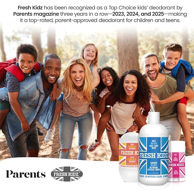 Fresh Kidz Deodorant Stick for Kids and Teens - Baking Soda and Aluminum-free 24 Hour Protection for Sensitive Skin - Girls "Coral", 2.65 oz / 75 g