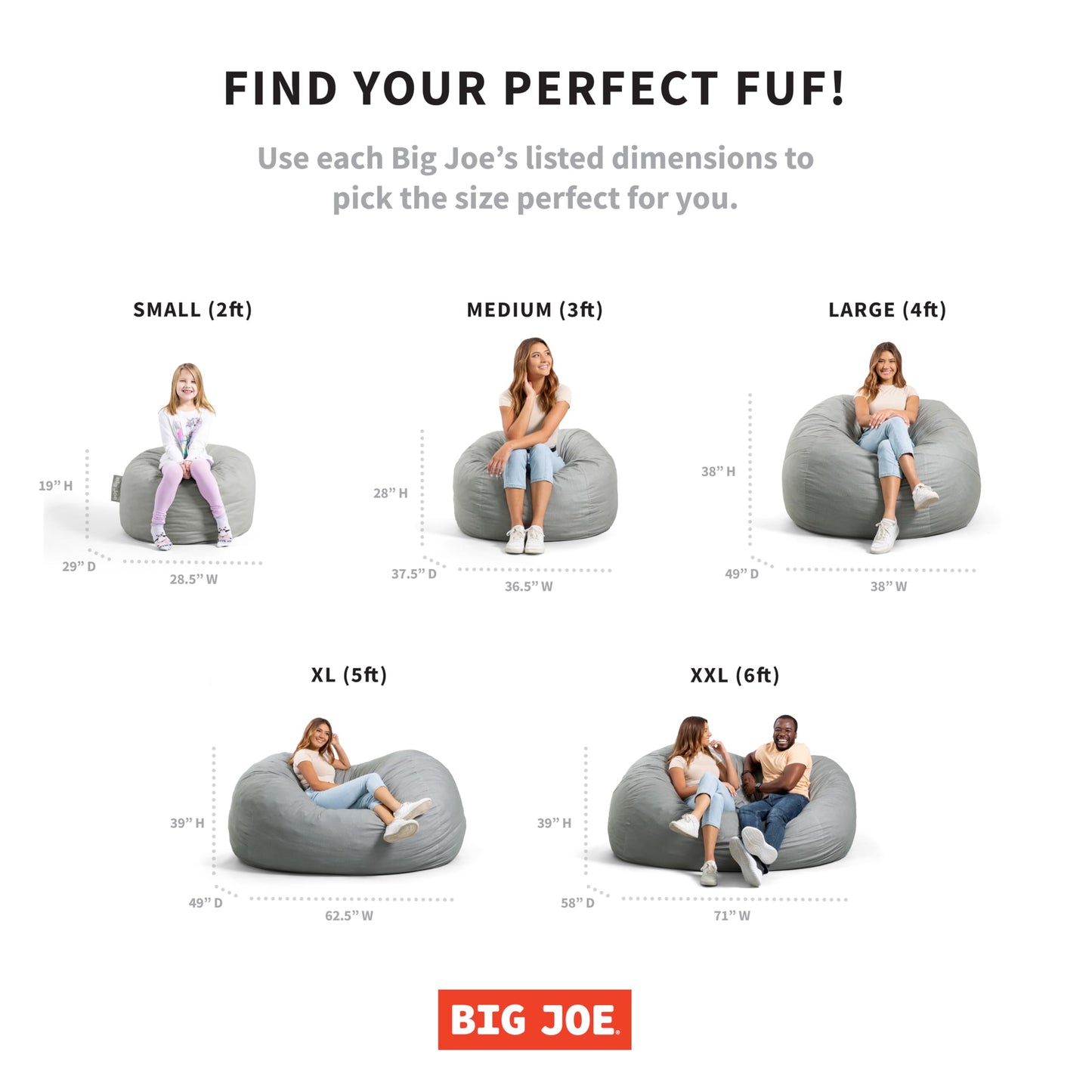 Big Joe Fuf XXL Foam Filled Bean Bag Chair with Removable Cover, Fog Lenox, Durable Woven Polyester, 6 feet Giant