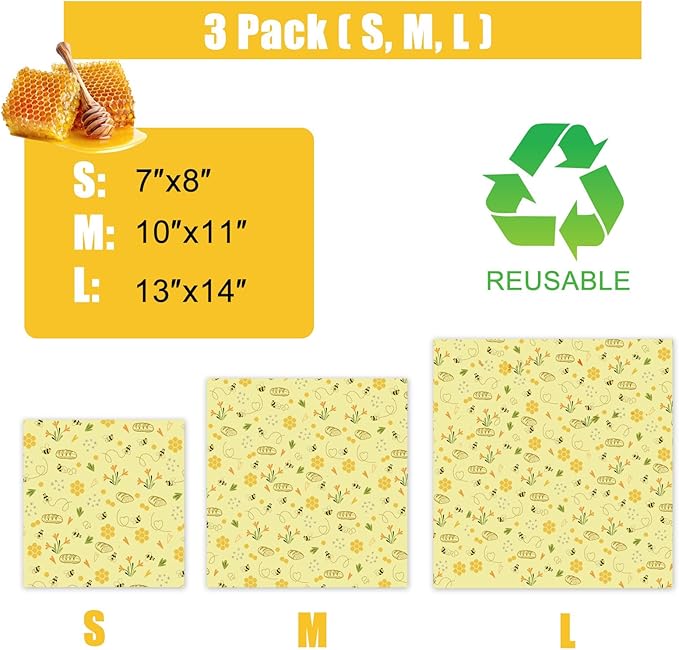Reusable Beeswax Wrap, 3 Pack (S, M, L) Eco-Friendly Beeswax Wraps for Food, Bread Sandwich Wrapper, Sustainable,Zero Waste,Organic, Moisture Lock& Freshness Preservation
