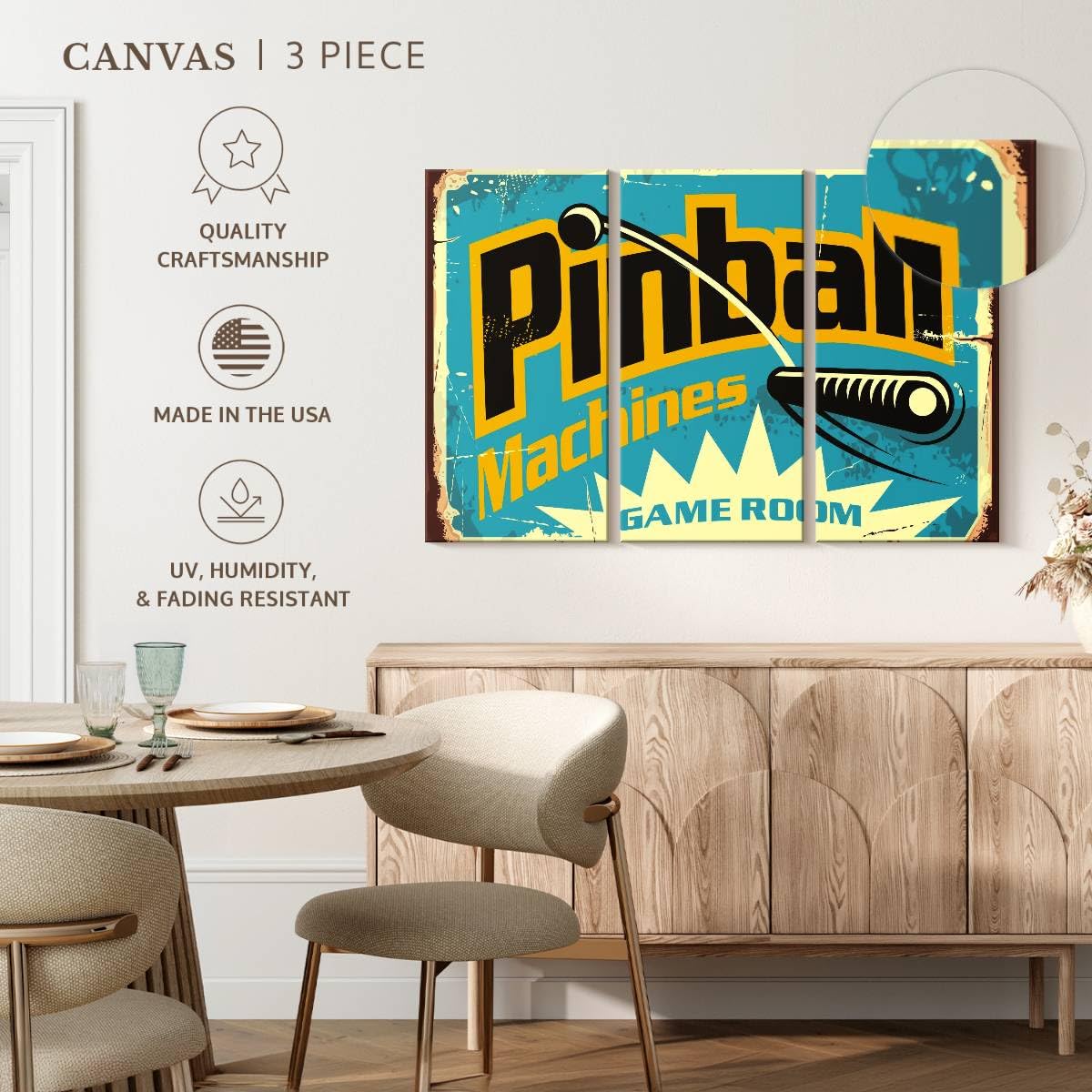 ElephantStock Pinball Machine Game Room Wall Art - Horizontal Canvas - 3-Piece Living Room Wall Decor - Retro Digital Art Canvas Print - Turquoise and Black Decor for Wall - 74" X 48"
