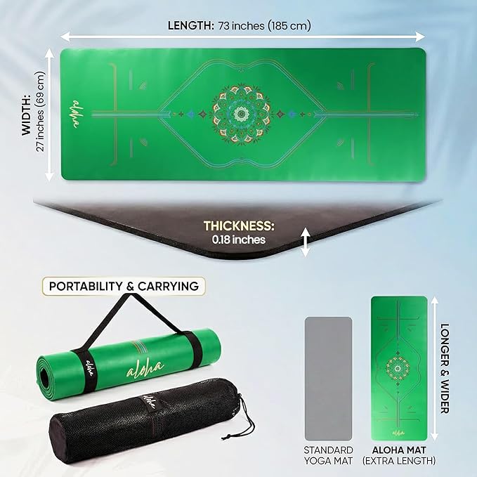 Aloha Bliss Premium Yoga Mat – 72” x 27 - Thick, Non-Slip & Durable | Sweat-Resistant, Lightweight & Portable | Perfect for Yoga, Pilates, Home Workouts, Gym & Studio Practice - Eco-Friendly