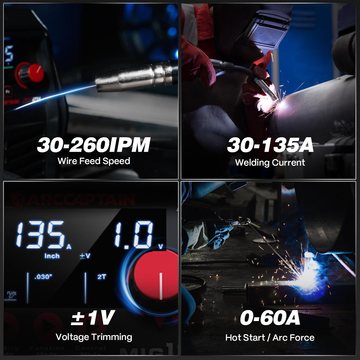 ARCCAPTAIN 135A MIG Welder, 2025 Newest [Large LED Display] 110V Welder Flux Core MIG, Lift TIG, Stick, 3 in 1 Welding Machine Gasless MIG Welder Machine 110V, IGBT Inverter Welder with Synergy, 2T/4T