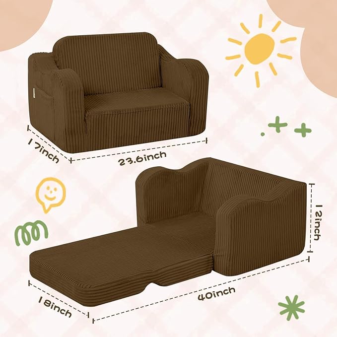 MeMoreCool Toddler Lounge & Sofa Bed Chair – Corduroy, Brown, Ages 1‑3 | 2‑in‑1 Fold‑Out Kids Couch & Pull‑Out Recliner for Playtime, Nap Time & Lounging