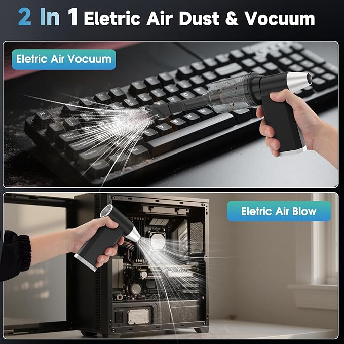 2 in 1 Electric Air Duster and Vacuum,130,000 RPM Powerful Cordless Compressed Air Duster,4 Gear Adjustable Handheld Air Blower,Rechargeable Car Vacuum for Computer,Keyboard,Electronic,Home,Outdoor