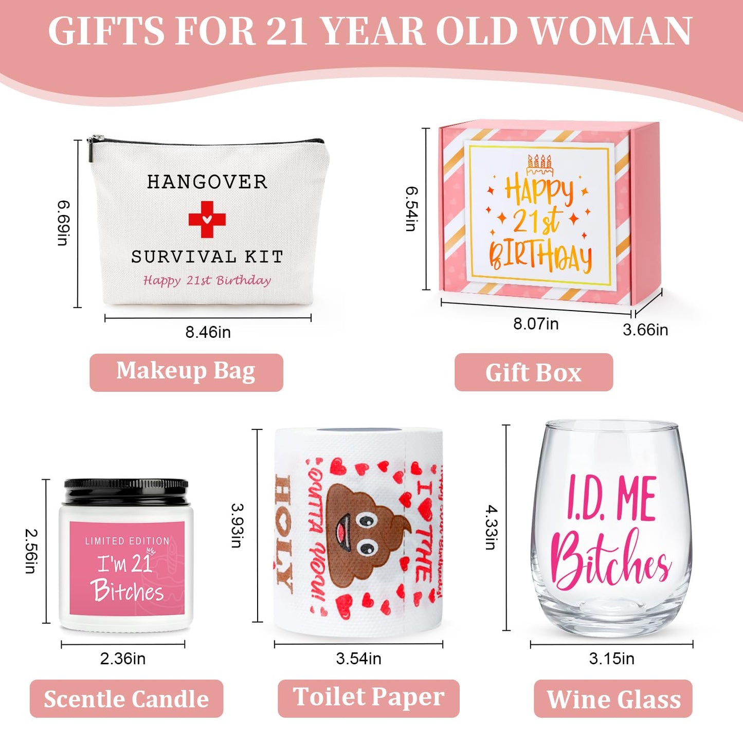 21st Birthday Gifts for Her Unique 21 Year Old Birthday Gifts for Her Funny Gift for 21 Year Old Female 21st Bday Decorations for Women - Wine Glass Toilet Paper Candle Makeup Bag