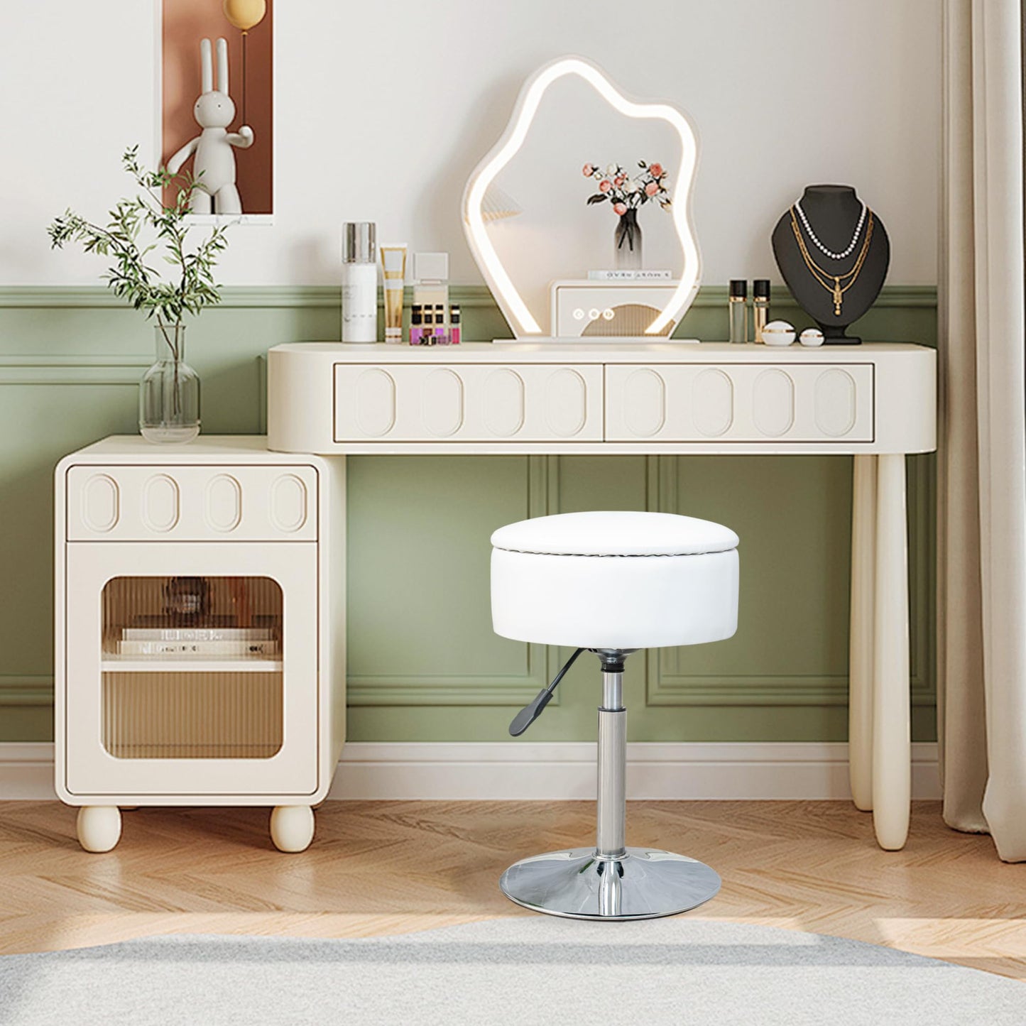 LITZFUR Vanity Stool for Makeup Room, Round Storage Ottoman Height Adjustable Leather Vanity Chair, 360° Swivel Footrest for Living Room Bedroom, White