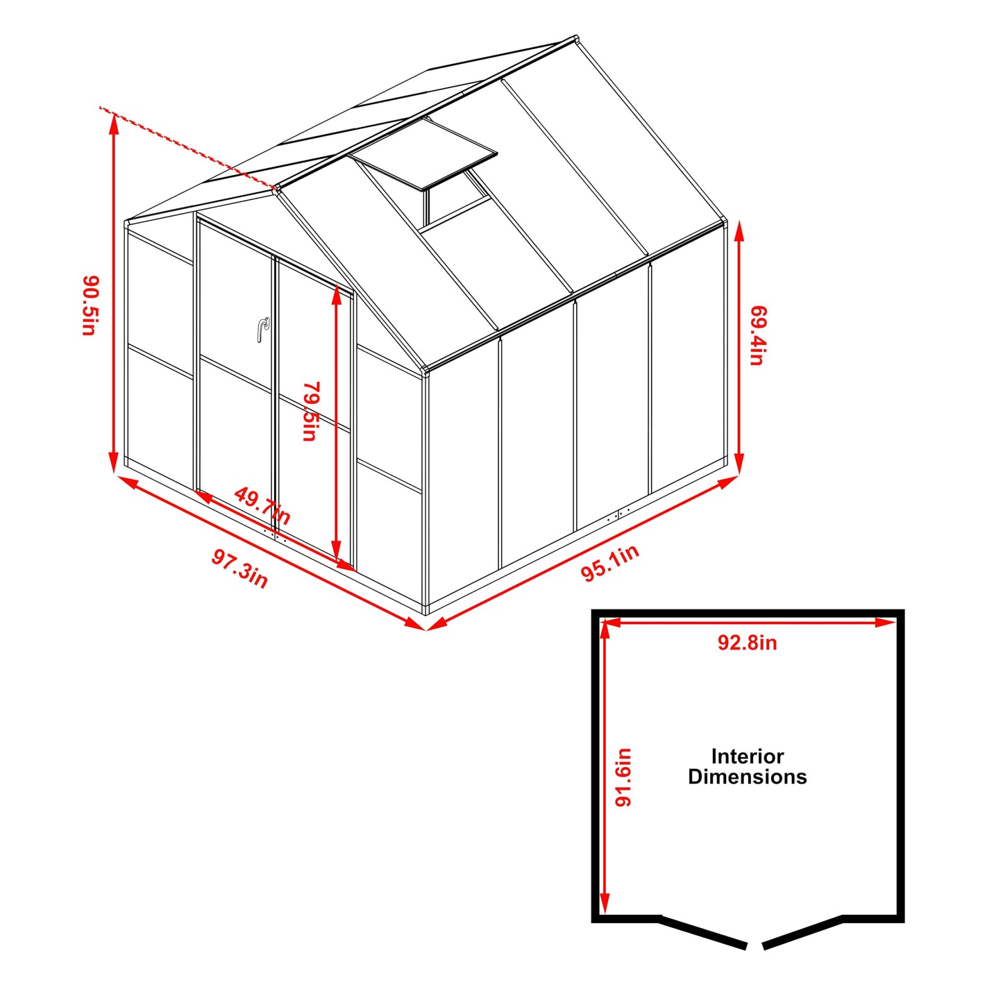 BlueWish 8x8FT Greenhouse for Outdoors, Greenhouses with Adjustable Vents, Lockable Door, Outdoor Aluminum Greenhouse Kit with Polycarbonate Panel, Walk-in Green House for Garden, Backyard, Gray