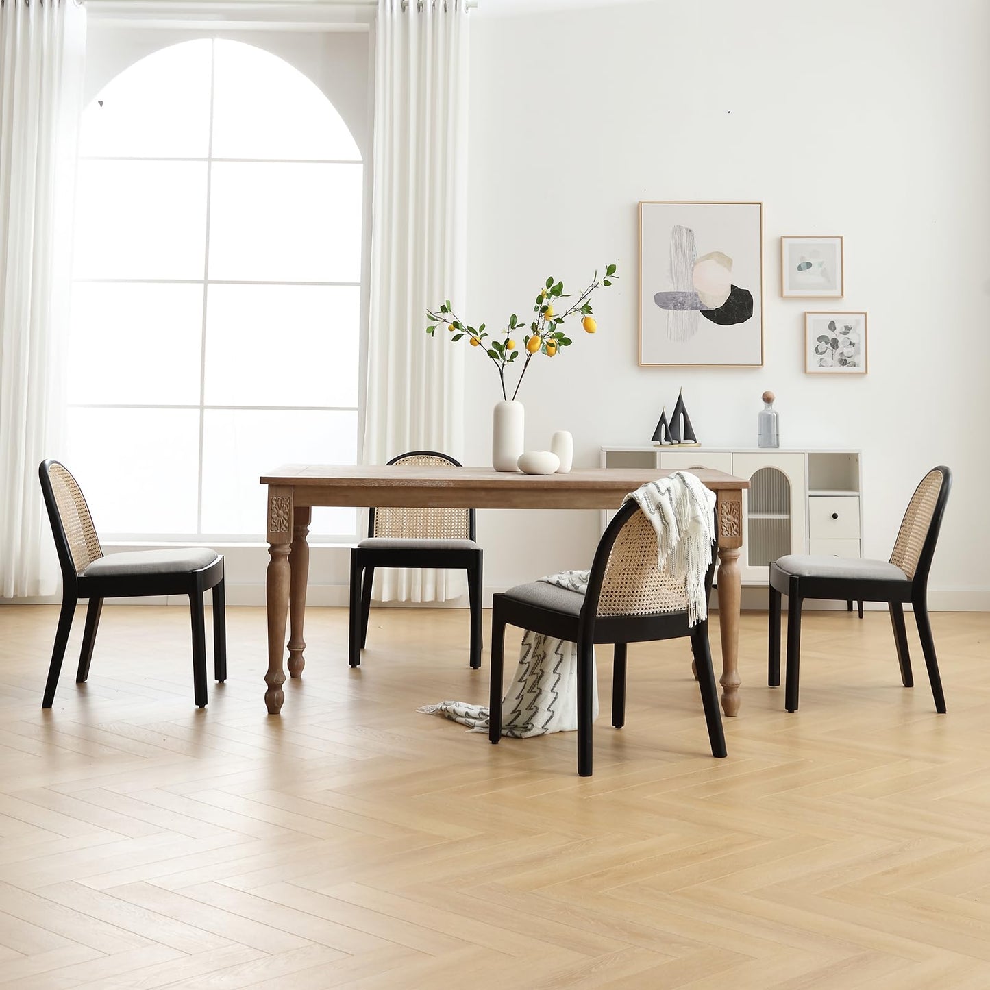 DUOMAY Mid-Century Modern Rattan Dining Chairs Set of 4, Wooden Dining Room Chair with Cane Backrest and Padded Seat, Grey Linen Upholstered Dining Chair, Black Finish