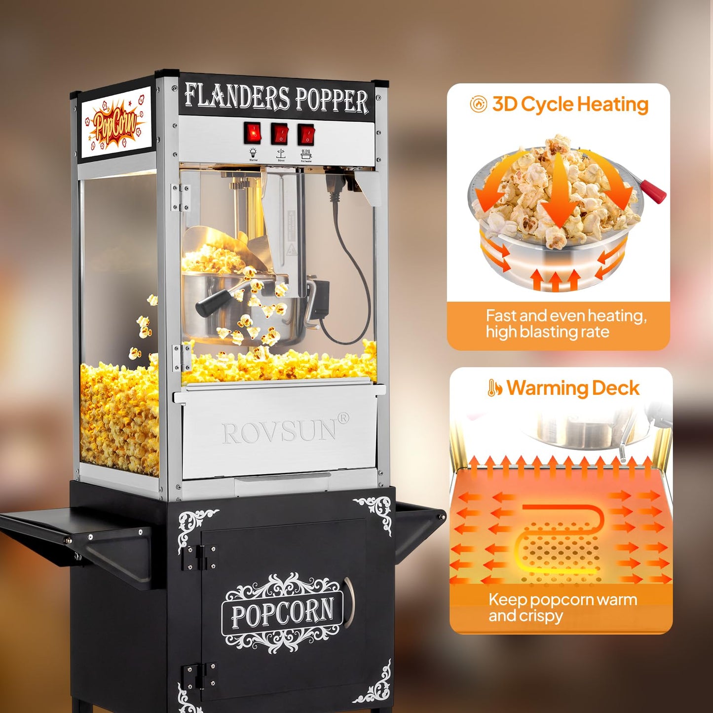 ROVSUN Popcorn Machine with Cart, 10 Oz Kettle Makes Up to 4 Gallons ETL Certified, Popcorn Maker w/Scoop, Oil Spoon, Bags & 3 Popcorn Cups, Movie Theater Style Popper for Commercial Home Party, Black