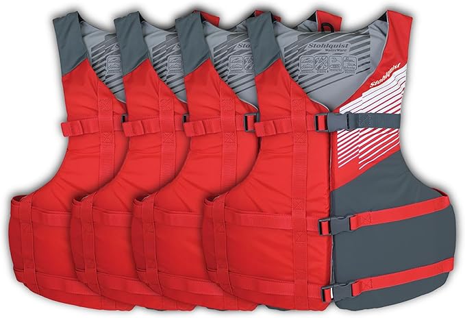 Stohlquist Universal Fit Adult Life Jacket PFD (4 Pack) Coast Guard Approved, for Men and Women 90+ lbs, Lightweight Neopr...