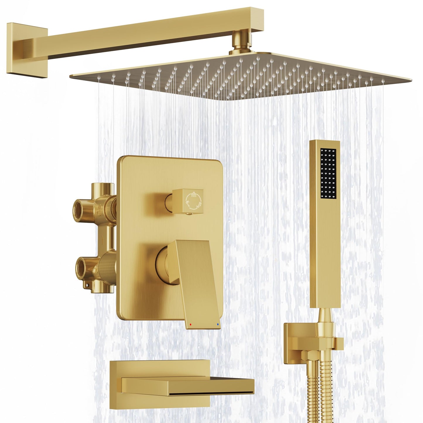 Kurpot Brushed Gold Shower System, All Metal Gold Shower Faucet Set with Tub Spout, 10'' Gold Shower Head with Handheld, 59'' Shower Hose, Shower Valve and Diverter, Wall Mounted Bath Tub Faucet Set