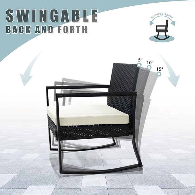 ELEGIBLISS 3 Pieces Outdoor Patio Set -Wicker Rattan Chair Conversation Set with Glass Table for Poolside Yard Rocking Chair Set for Bistro Garden Front Porch All Weather Patio Furniture Set