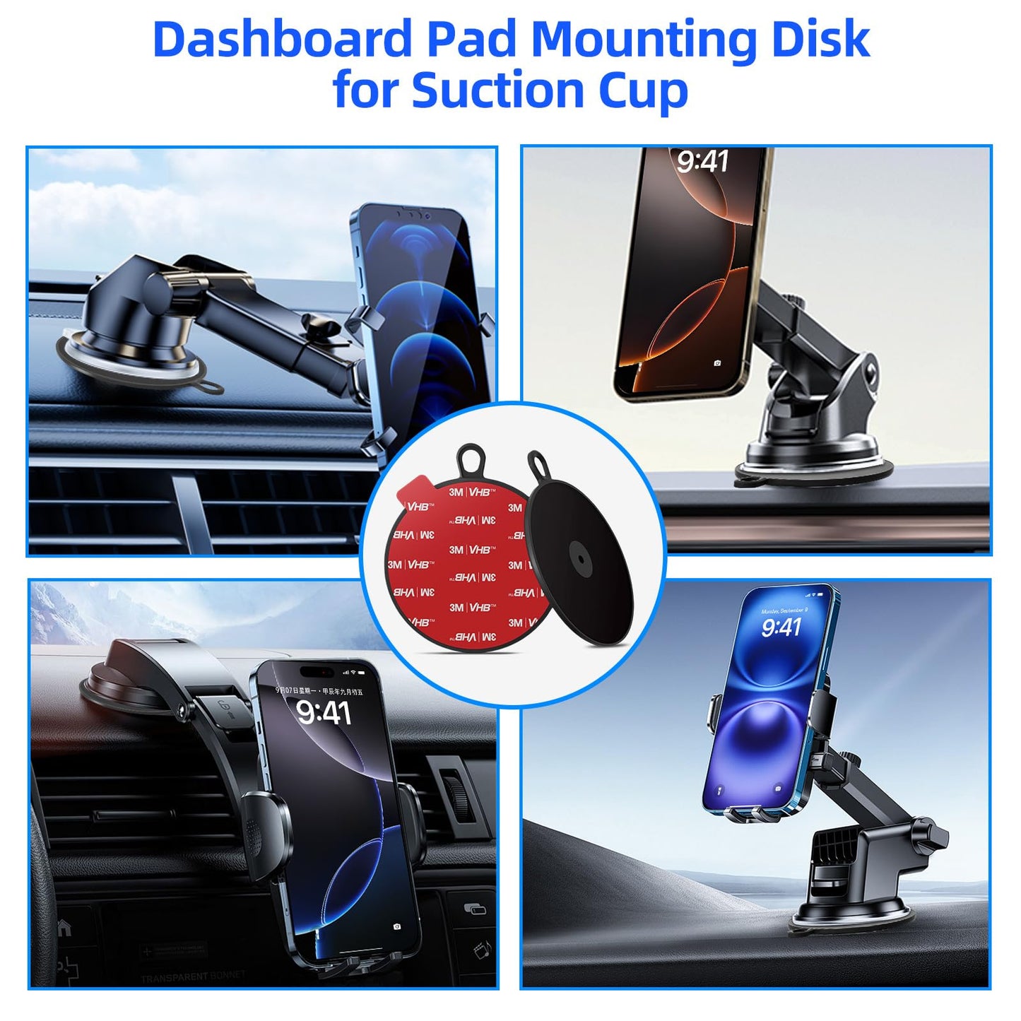 Dashboard Pad Mounting Disk For Suction Cup, 3.75    Large Plastic 3M Extra Strong Adhesive Disc For Dash Windshield Holder, Cam