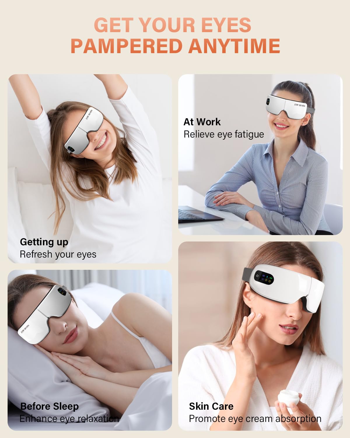 ZZR SEVEN Eye Massager with Heat, 7 Massage Modes, Eye Mask, Birthday Gifts for Women, Men, Friend, Mom and Dad, Sleep Mask for Relax, Migraine Relief, Reduce Strain, Improve Sleep, White