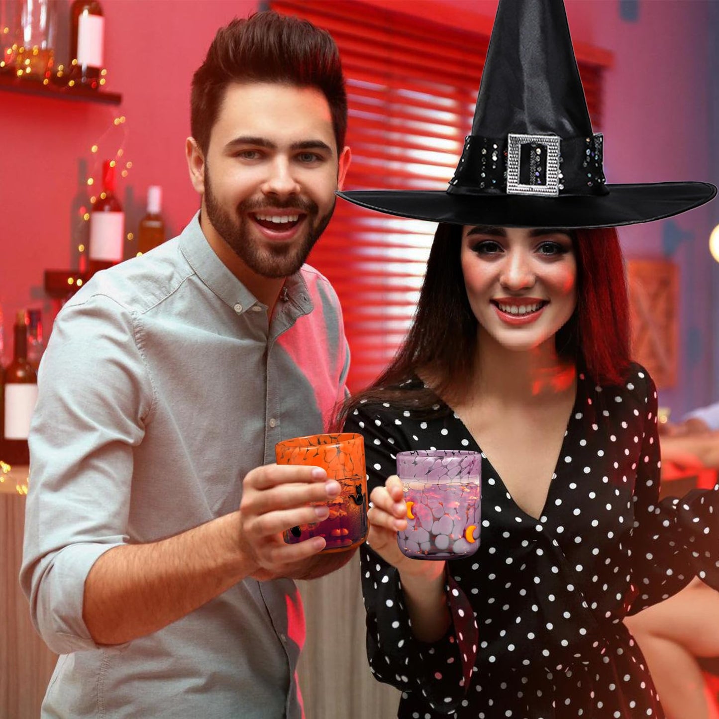 PRERUICHI 2 Pcs Halloween Icon Juice Glasses, 14oz Icon Stemless Drinking Glasses Set, Ideal for Gift & Halloween Party Drinkware (Cat & Moon)