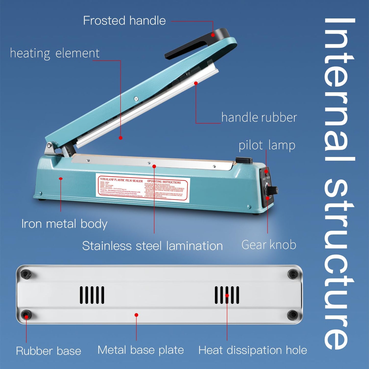 Metal body,Impulse Sealer 12 inch, Manual Heat Sealer Machine for Plastic Bags, Shrink Wrap Bag Sealers Heavy Duty Sealing Machine With Repair Kit (Blue)