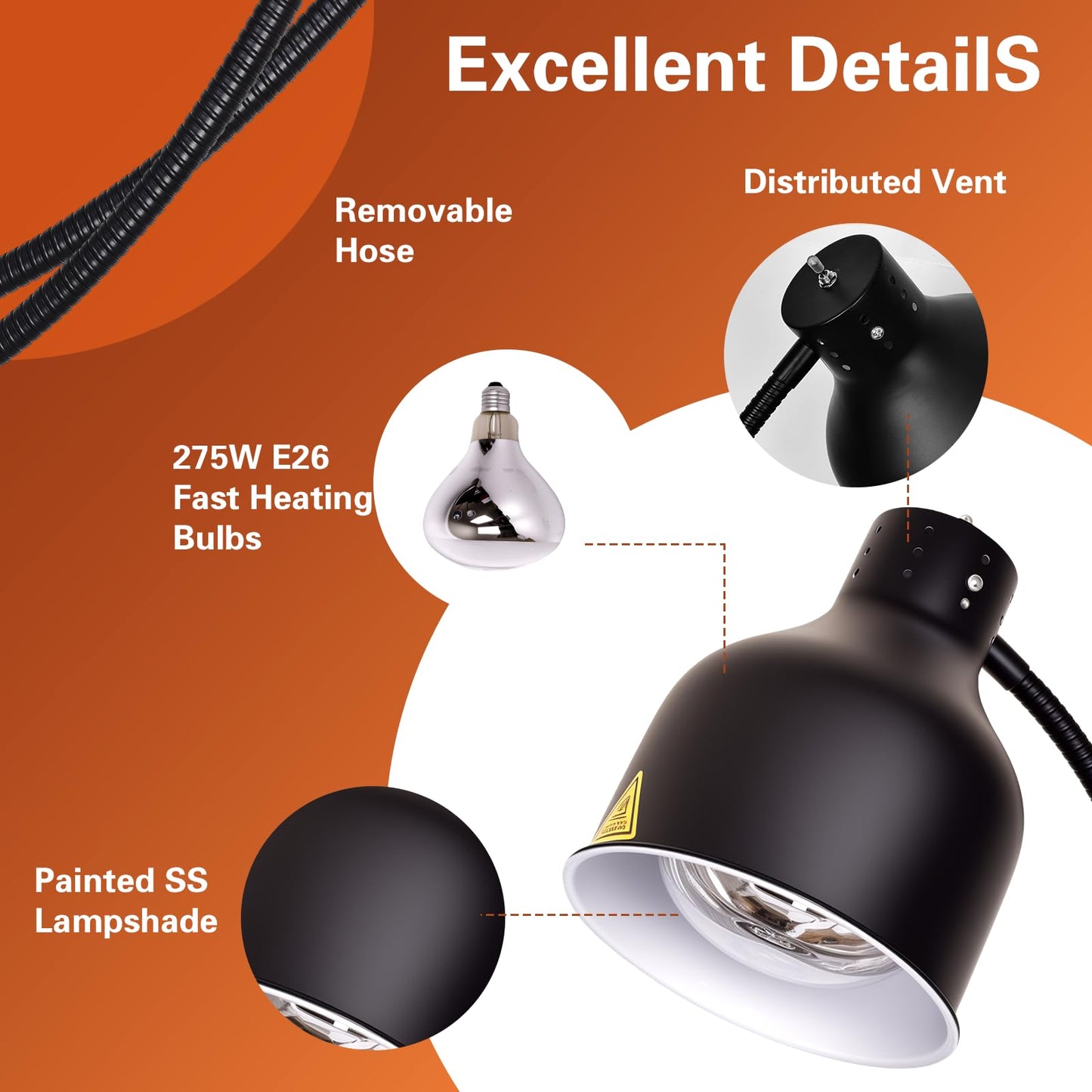 FUXULLACO Commercial Head Food Heat Lamp, Portable Electric Food Warmer 3-Bulb 550W Electric Warming Lights for Food Service Restaurant Buffet Kitchen (Black)