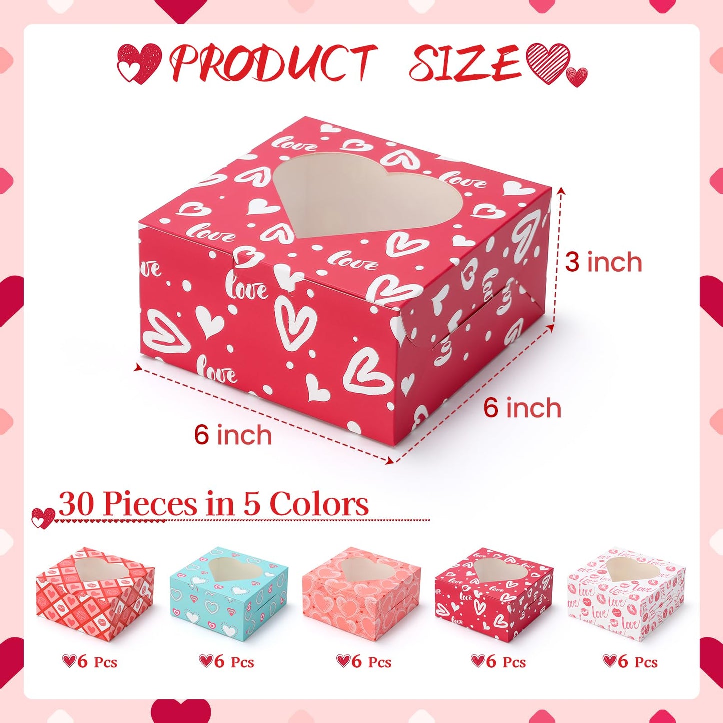 FUQUUON 30 Pack Valentine’s Day Bakery Cookie Boxes, 6" x 6" x 3" Valentines Treat Boxes with Heart Window, Candy Box for Holiday Pastries, Brownies, Chocolates, Cupcakes, Truffles Gift Giving