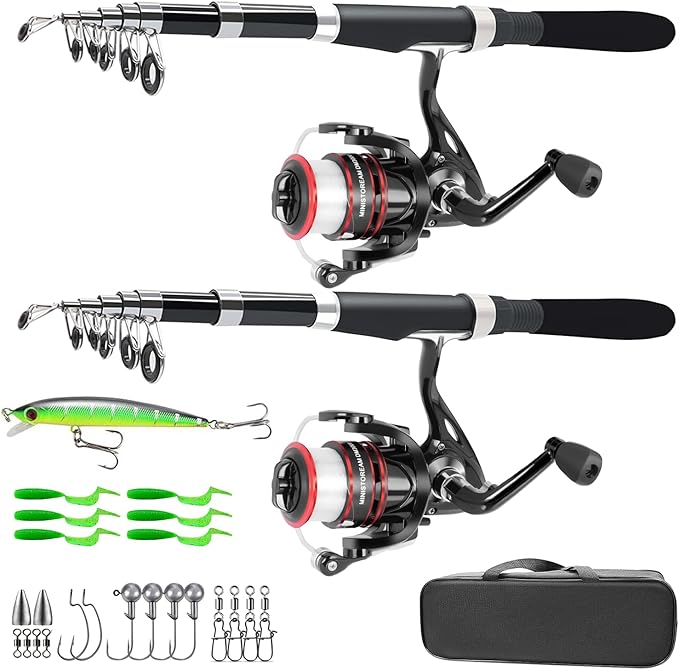 Fishing Pole Combo Set,2.1m/6.89ft 2PCS Collapsible Rods 2PCS Spinning Reels Lures Set Carrier Bag Carbon Fiber Telescopic...