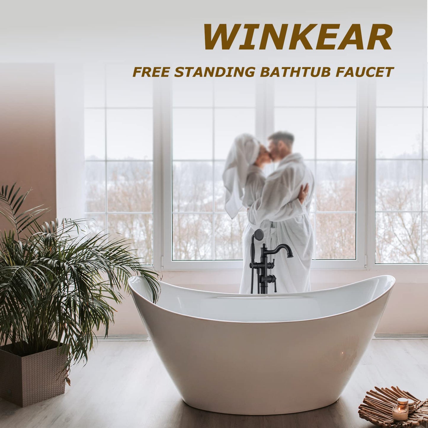 WINKEAR Freestanding Floor Mount Tub Filler with Handheld Shower Roman Bathtub Faucet by Matte Black Finish, Swivel Spout with Brass Rough-in and Water Hose