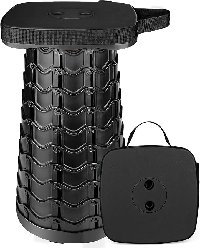 Outward Gear Upgraded Folding Stool Heavy Duty 550lbs Load Capacity Collapsible Portable Sturdy Telescopic Stool for Camping Travel Hiking (Black)
